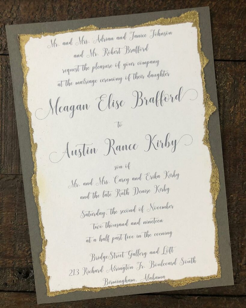 grey and gold foil rustic wedding invitation ideas