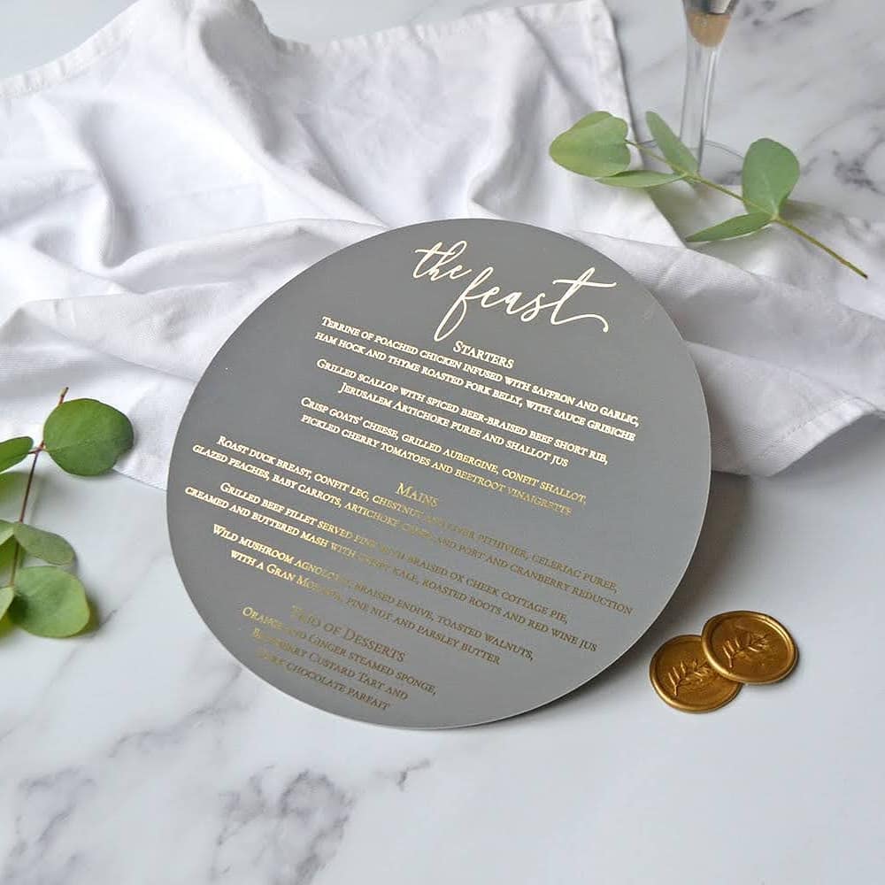 grey and gold foil wedding menu colors
