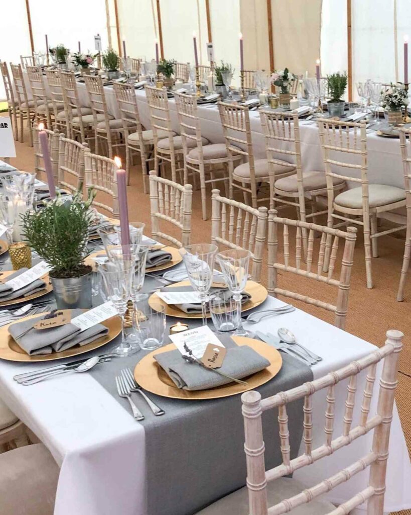 grey and gold wedding reception table setting ideas