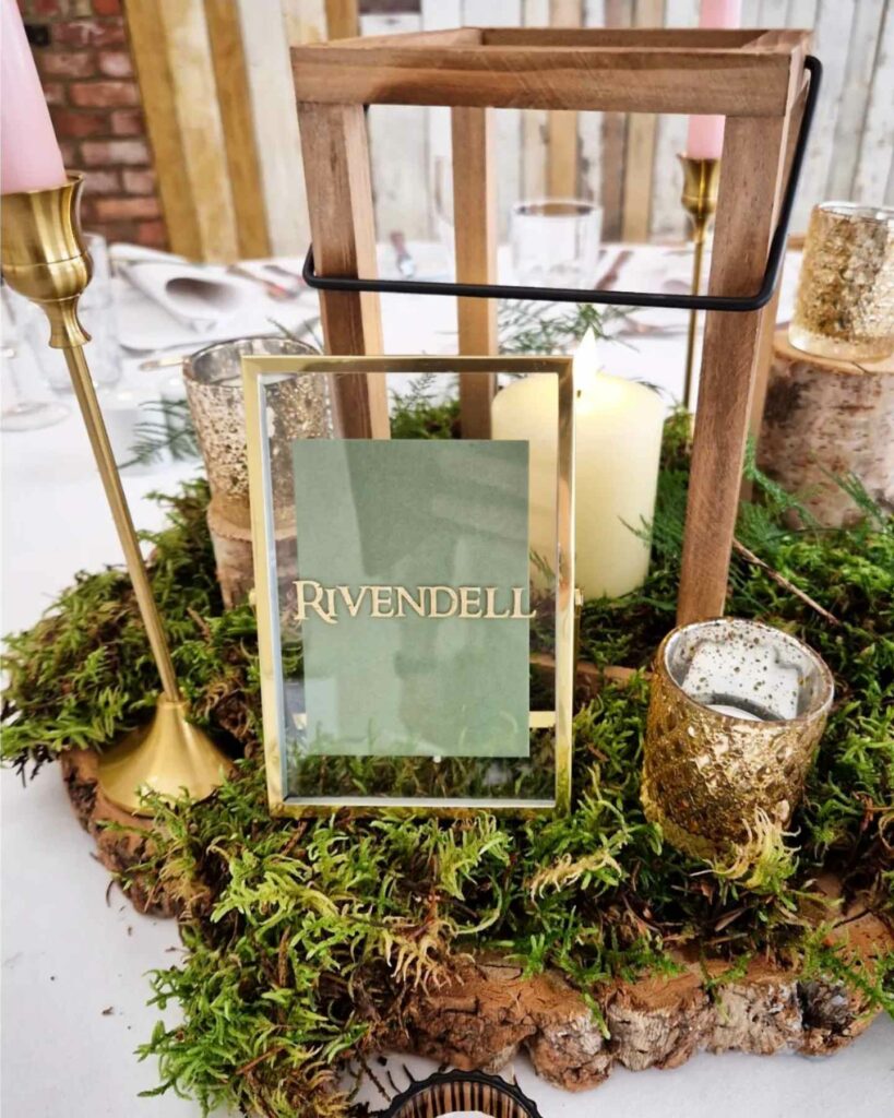 natural gold and green rustic wooden centerpiece