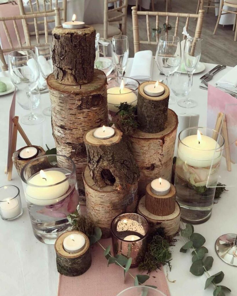 rustic wedding centerpiece with tea light and floating candles