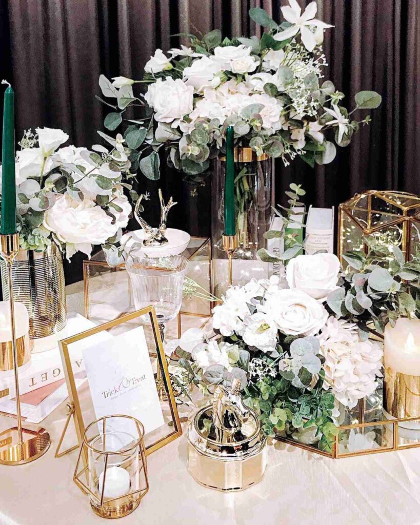 simple and chic green and gold with white wedding ceremony decor
