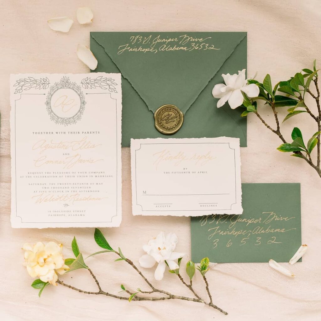 sophisticated green and gold hand lettered wedding invitation ideas