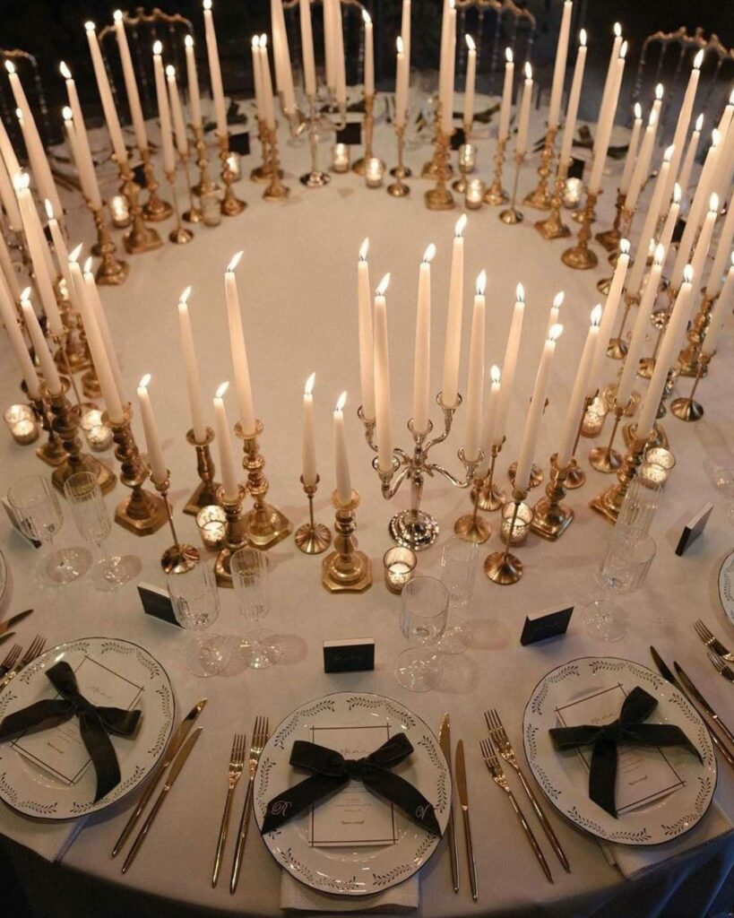vintage brass candlesticks and candelabras wedding centerpiece with tall taper candles