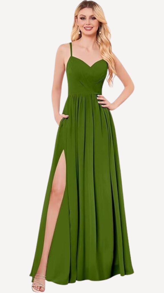 Spaghetti strap chiffon olive green slit bridesmaid dresses with backless