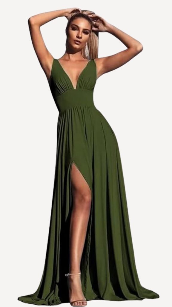 long A line olive green v neck bridesmaid dress