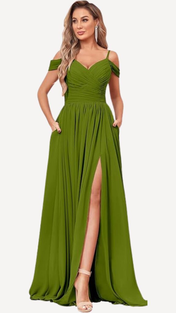 off the shoulder olive green bridesmaid dress with pockets