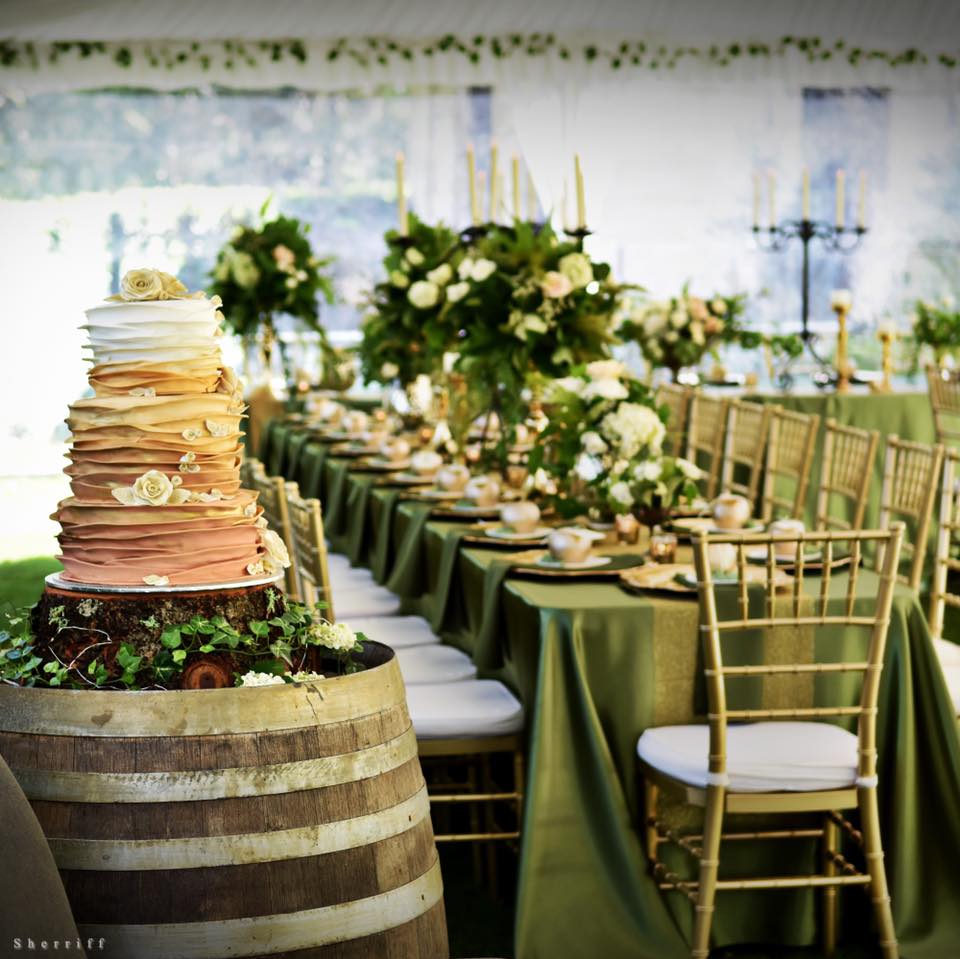 olive green and gold outdoor wedding decoration