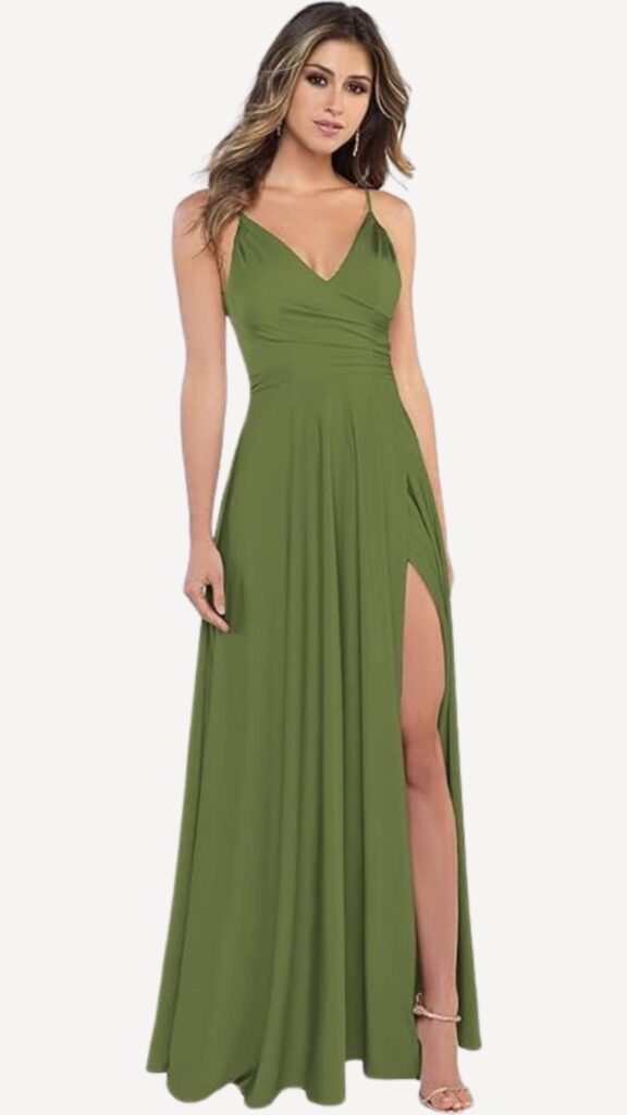 olive green satin bridesmaid dress with slit spaghetti straps