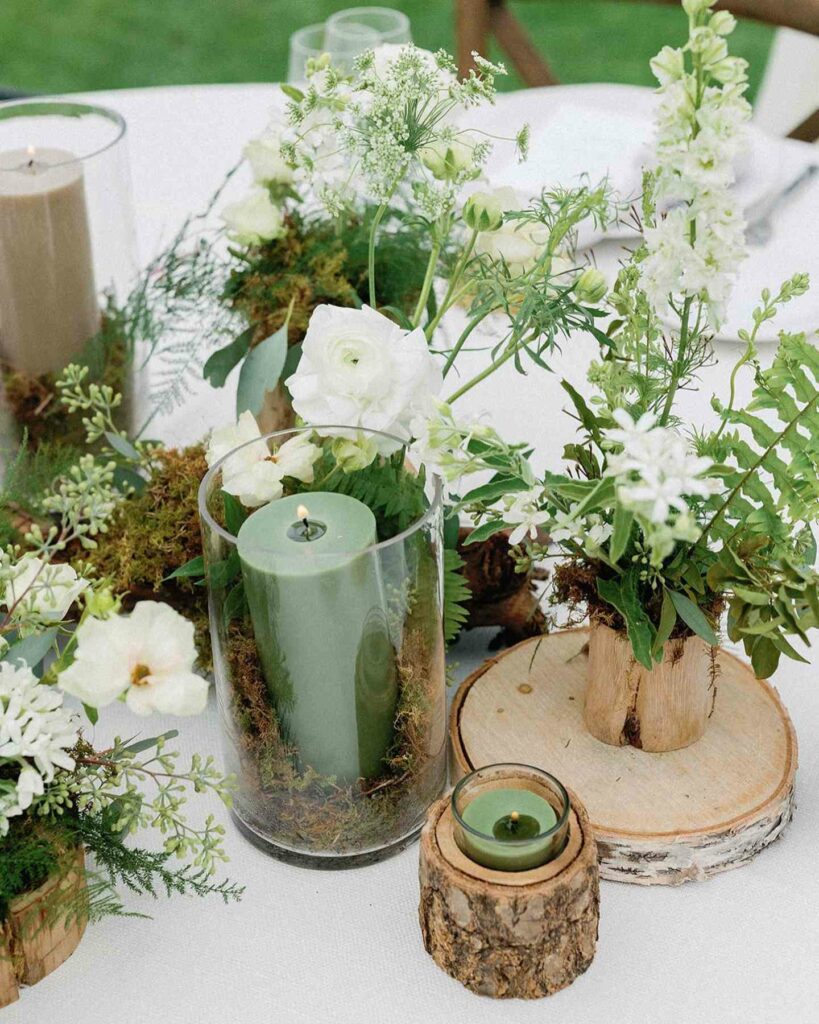 olive green wedding centerpiece with candles