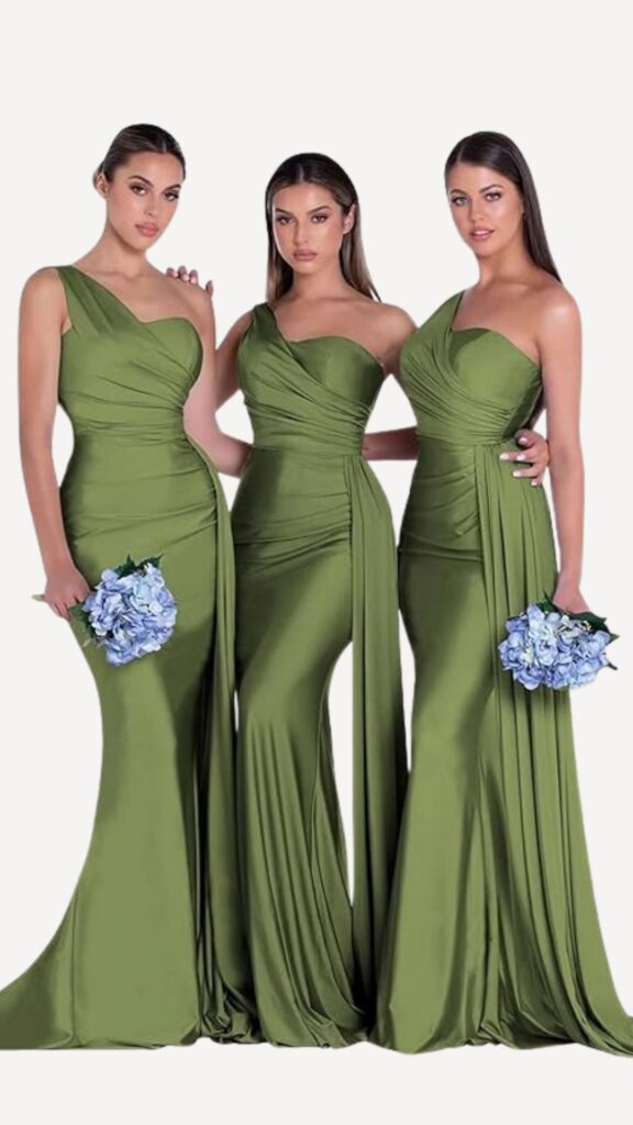 one shoulder olive green mermaid bridesmaid dress
