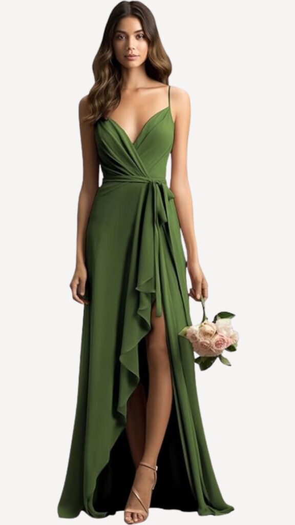 spaghetti strap olive green ruffled bridesmaid dress