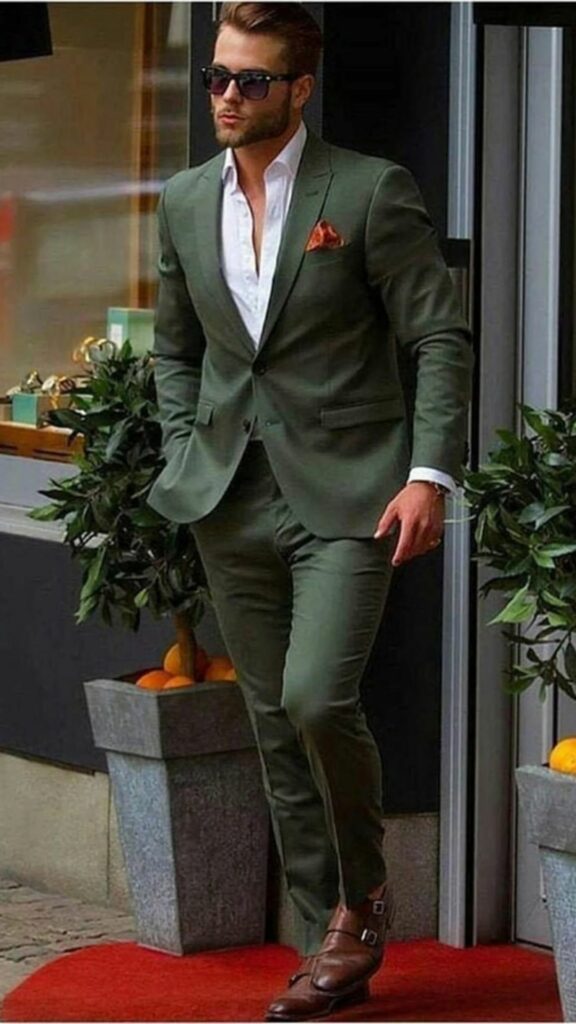 two piece olive green groom suit