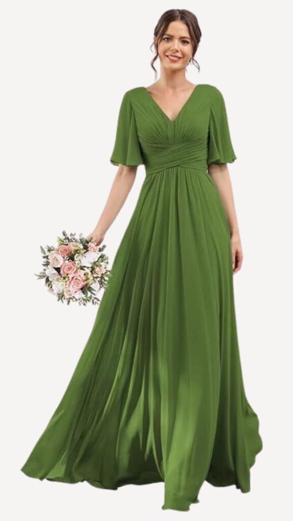 v neck flutter sleeves olive green A line bridesmaid dress