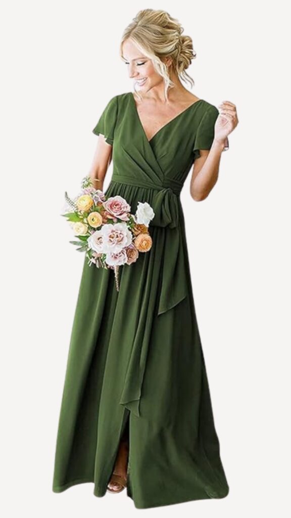 v neck short sleeve olive green bridesmaid dress