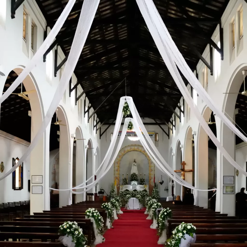 church ceiling and aisle white wedding decoration