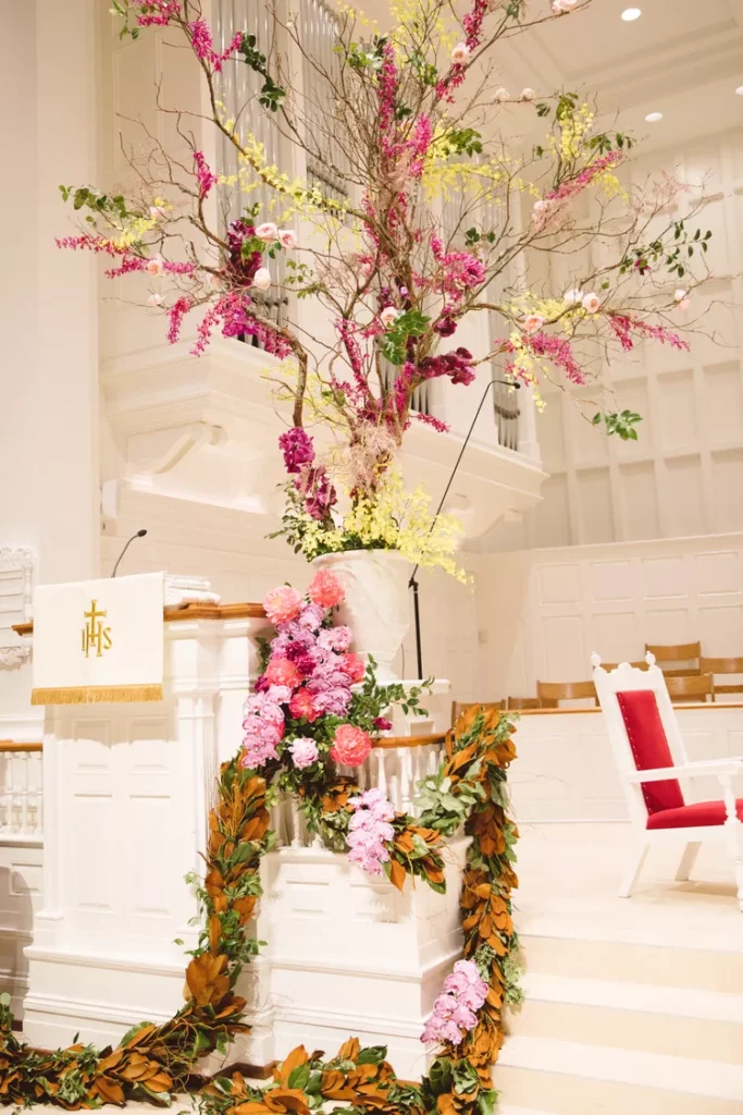 whimsical bold tree church wedding decor